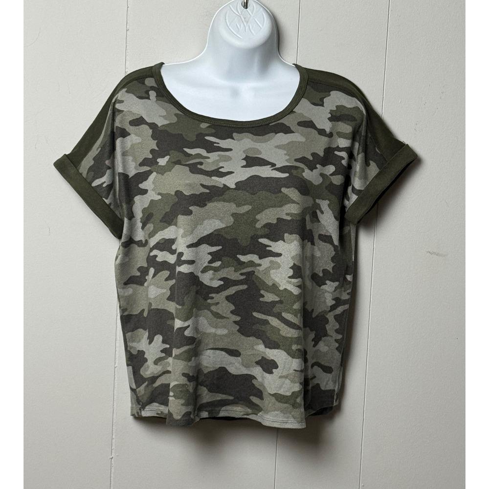 Lucky Brand Women's Camo Print Short Sleeve Scoop Neck Knit Top Green Grey Sz L